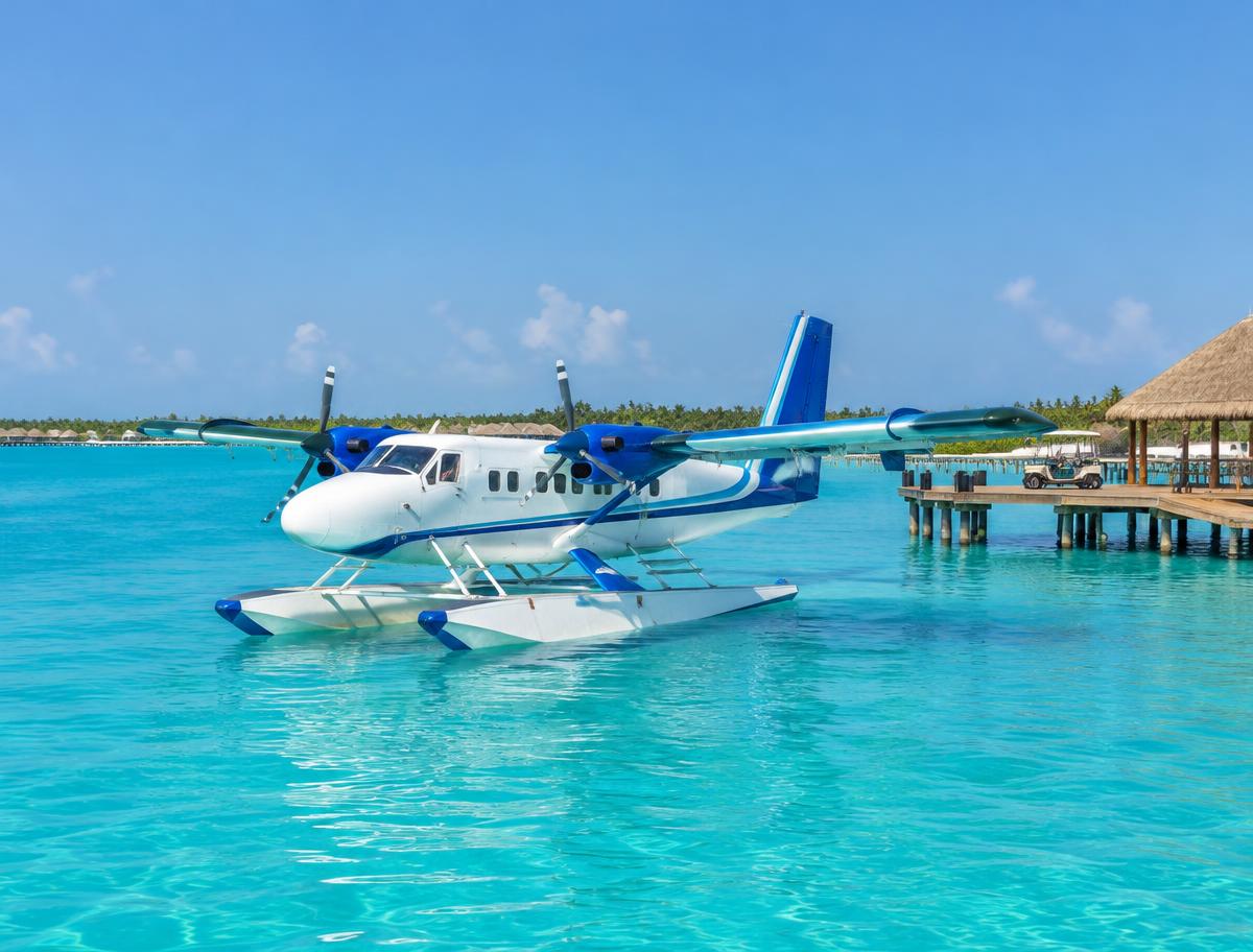A seaplane floating on a turquoise lagoon beside a resort jetty in the Maldives